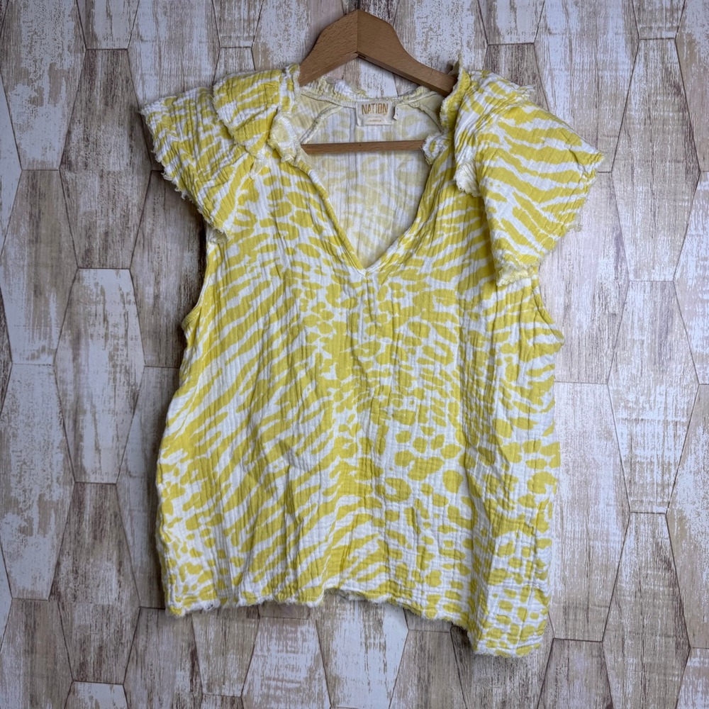Nation LTD S Yellow‎ Animal Print Cotton Gauze Flutter Sleeve Top Boho Raw Hem